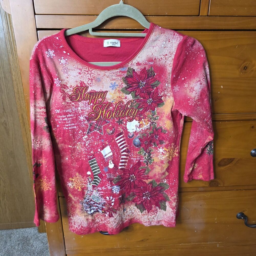 Vintage Cactus Holiday Prin Top Size Small 3/4 Sleeve Red Christmas Y2K Winter